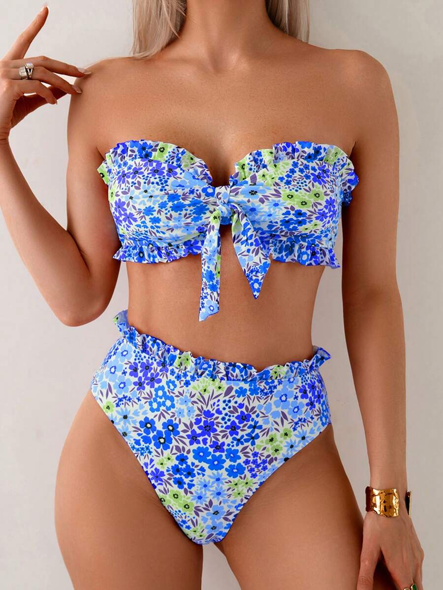 SHEIN Swim Mod 2pcs/Set Ditsy Floral Ruffled Bandeau Bikini Set, Beach & Summer - Blue - View 1