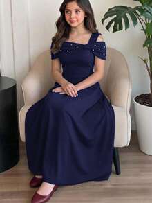 Beaded Bow Decor A-Line Dress, Burgundy, For Teenage Girls - Navy Blue - View 7