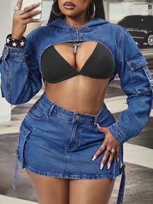 Slaydiva Plus Size Solid Color Sexy Vintage Washed Denim Long Sleeve Jacket - Dark Wash - View 6