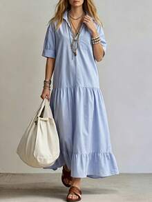 EMERY ROSE Đầm dài dáng rộng tay lửng cổ chữ V kẻ sọc xanh trắng thoải mái cho nữ, thích hợp cho kỳ nghỉ hè. - Xanh và trắng - Xem 6