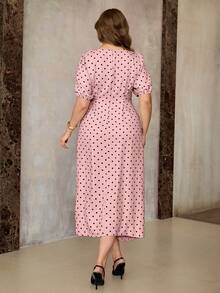 Đầm casual cỡ lớn chấm bi Pháp, bèo nhún, thắt eo, xẻ tà, thích hợp cho mùa xuân/hè. - Hồng - Xem 2