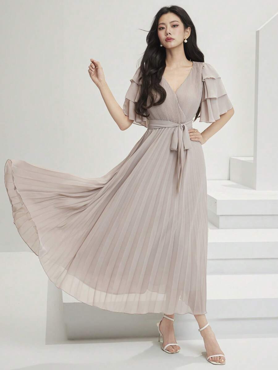 Heiryn Đầm nữ thanh lịch xếp ly thắt eo tay bồng - Cà phê - Xem 1