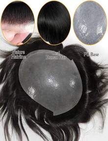 5*7 Inch Men's Toupee In Natural Black Is Made Of 100% Real Human Hair With Ultra-Thin PU Base. It Features A Realistic Invisible Hairline, Soft, Breathable And Tangle-Free. Shed-Resistant And Comfy For Daily Wear, Fully Covers Thinning Hair . - Natural Black - View 7