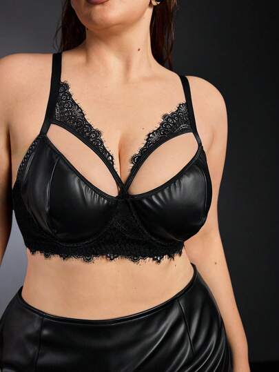 EmpressEnvy Áo ngực có gọng bằng ren tương phản PU, dòng Charming Diva cỡ lớn.