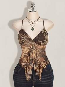 SHEIN ICON Plus Size Women Paisley Print Blue-Green Ruffle Trim Blouse - Brown - View 3