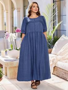Plus Size Women's Summer Casual Vacation Country Round Neck Mid-Sleeve Short Sleeve Long Solid Color Blue Long Dress, Suitable For Summer Vacation,Casual Holiday Style,Summer Outfits For Women ,Vacation Outfits Women ,Holiday Outfits For Women,Going Out Outfits, New Clothes,Simple And Fashionable For Everyday Wear,Suitable For Summer, Vacation, Daily Wear, Festival Outfits For Women,Country Concert Outfit,Beach Outfits For Women,Western Style,Flowy Dress,Gifts For Mother,Faux Denim Blue Boho Dress - Blue - View 4