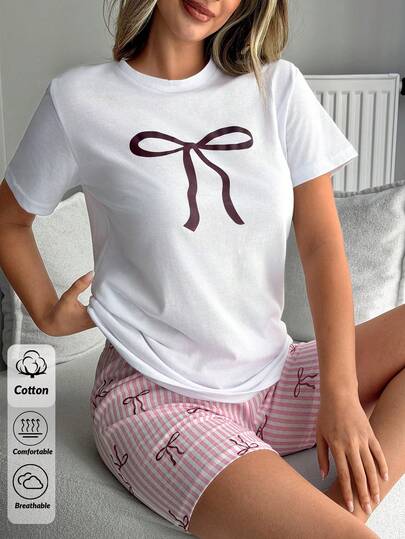 SHEIN Cotton White With Bow Pattern Round Neck Short Sleeve Shirt & Striped Bow Pattern Shorts Homewear Comfort Casual Breathable Women 2 Pcs Pajama Set For Summer