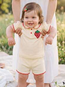 Cozy Pixies 2pcs Baby Girl Strawberry Peter Pan Collar Short Sleeve Snap Front Top And Elastic Waist Shorts Set Baby Girl Clothes Baby Clothes Strawberry Fruit Baby Clothes Baby Shorts And Shirt Sets,Kids - Beige - View 10