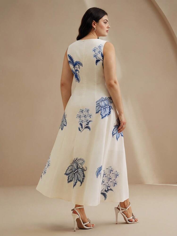 Anewsta Plus Size Women's Elegant Floral Print A-Line Maxi Dress, 3D Flower Decor, Casual Wear, Suitable For Daily, Holiday, Beach