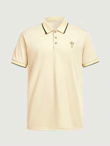 男士極簡圖案印花短袖 Polo 衫，條紋杏色，適合高爾夫、網球、刺繡與對比飾邊，商務通勤與男友風 - 杏色 - 查看 3