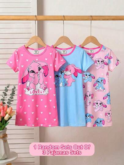 [1 chiếc] Áo ngủ tay ngắn cổ tròn cho bé gái, in hình thỏ trái tim màu xanh dễ thương, phối màu hồng/xanh dương/hồng nhạt, vải dệt kim, thoải mái và mềm mại, dáng rộng, thích hợp mặc mùa hè.
