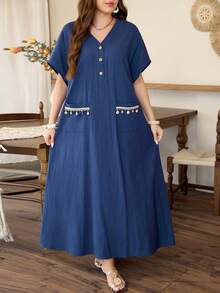 Lacomfia Navy Blue Linen Casual Loose Dress, Short Sleeve, Comfortable Daily Wear, Versatile, Wooden Button, Shell Tassel Decor, Plus Size Women - Navy Blue - View 6