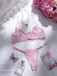 Divavoom 2pcs/Set Rose Red Mature Sensual Lace Patchwork Lingerie Set - Pink - View 2