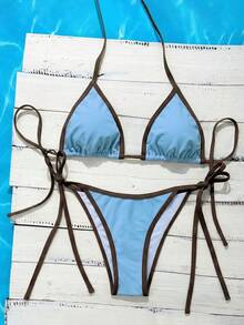 SHEIN Swim Vcay Women's Summer Beach Contrast Color Halter Tie Sexy Bikini Swimsuit Set - Multicolor - View 2