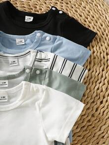 SHEIN 5 Stücke/Set Süßer Neugeborenen Baby Outfit, Kurzarm T-Shirt + Hose, Sommer - Babyblau - Übersicht 7