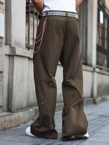 PAVTROS Men's Casual Everyday Commute Minimalist Solid Color Pleated Loose Wide-Leg Pants - Brown - View 2