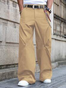 PAVTROS Men's Loose Fit Patchwork Rivet Accent Slant Pocket Casual Wide Leg Pants - Khaki - View 4