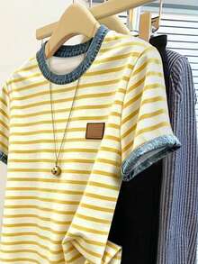 Camiseta de cuello redondo de manga corta acanalada y casual para mujer, de verano - Multicolor 2 - Ver 5
