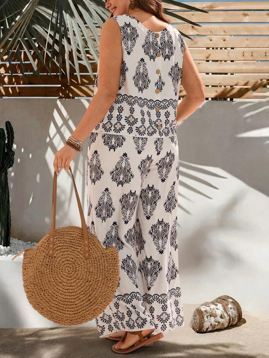 EMERY ROSE Plus Size Women's 2pc Set Summer White Floral Print Vest Top Wide Leg Pants,Boho Elegant Vacation Holiday Outfits Casual Modest Two Piece Vacation - Multicolor - View 1
