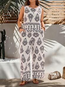 EMERY ROSE Plus Size Women's 2pc Set Summer White Floral Print Vest Top Wide Leg Pants,Boho Elegant Vacation Holiday Outfits Casual Modest Two Piece Vacation - Multicolor - View 2
