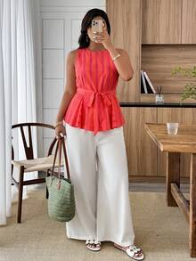 SHEIN LUNE Tuta casual da donna taglie forti, due pezzi, a righe, con contrasto di colore in vita, adatta per uso domestico e all'aperto, primavera/estate - Multicolore - Visualizzare 4