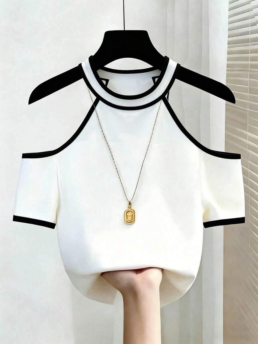 SHEIN Franclia Áo thun nữ kiểu dáng thường ngày, phối màu tương phản, hở vai, cổ yếm, thích hợp cho mùa hè. - Đen và trắng - Xem 1