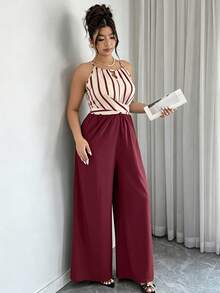 SHEIN LUNE 大码女式优雅系带裹身条纹撞色宽松直筒连体裤，春夏款 - 彩色 - 查看 3