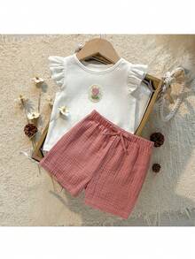 Loomiva Baby Girl Tulip Print Soft Knit Round Neck Short Sleeve Top And Elastic Waist Shorts 2 Pieces Set - Multicolor - View 9