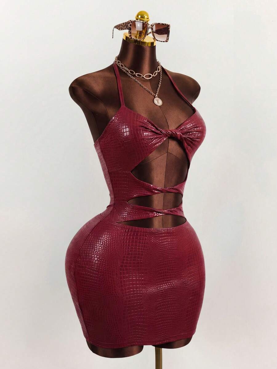 BamGleam 纯色吊带露背夏季扭结镂空无袖修身连衣裙 - 酒紅色 - 查看 1