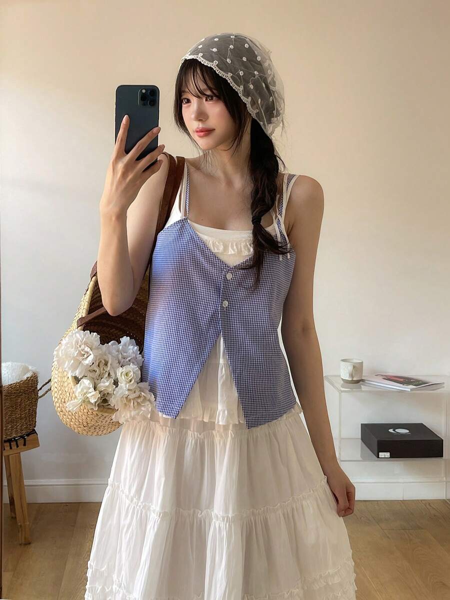 DAZY Áo Cami kẻ caro 2 trong 1 dành cho nữ - Màu xanh lam - Xem 1