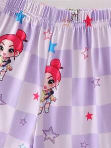 SHEIN 2件套 女童可爱粉色短袖上衣和短裤舒适睡衣套装 - 紫色 - 查看 7