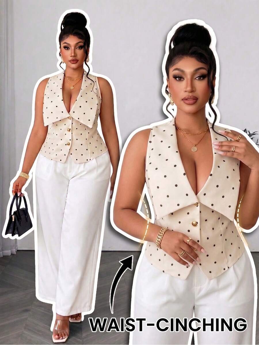 Maweii Plus Size Elegant Polka Dot Print Vest Date Night Beige Summer ...
