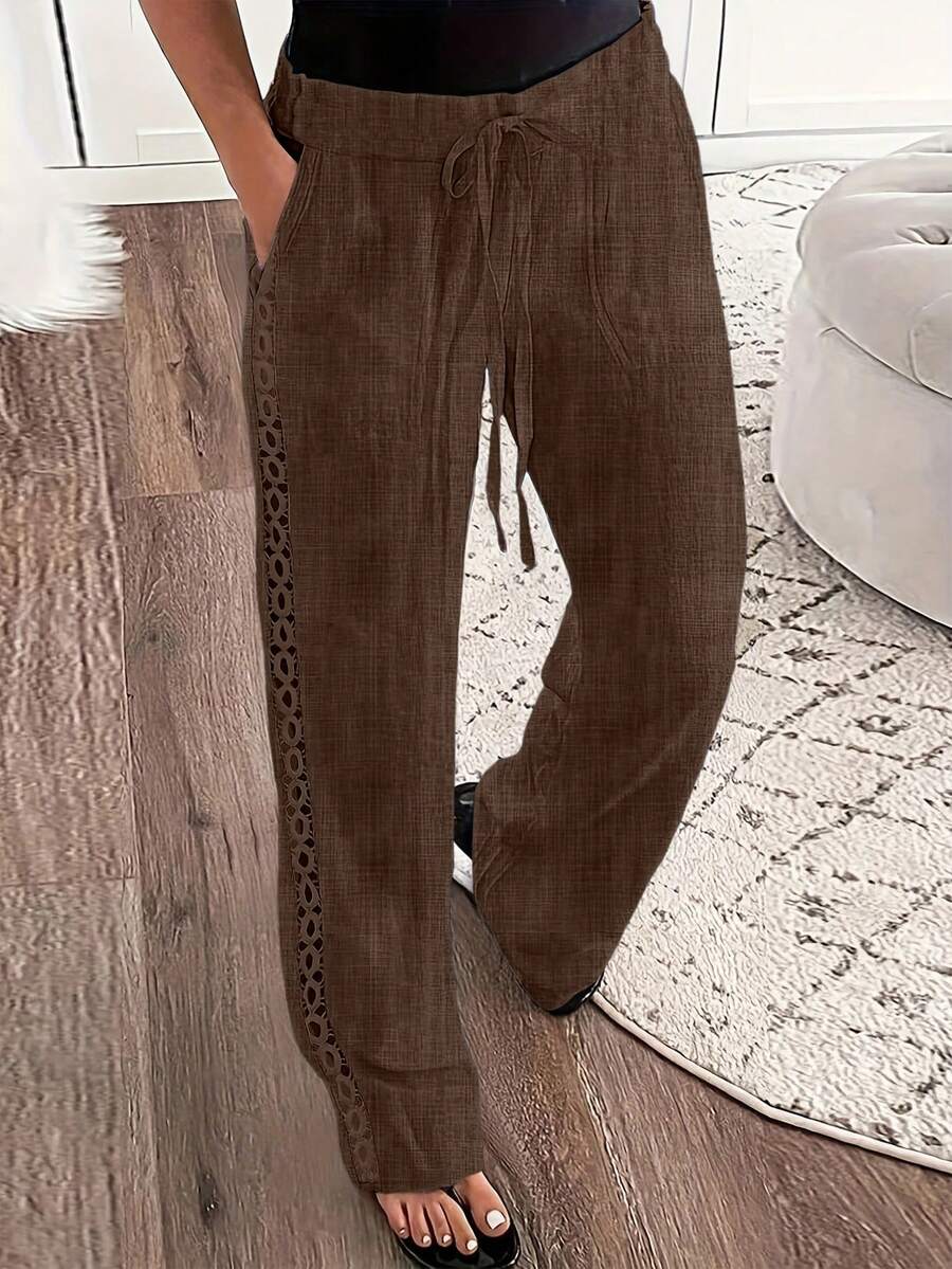 Louniche Quần nữ denim giả vải lanh viền hoa bên hông - màu nâu - Xem 1