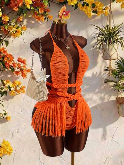 Amplova Women's Sexy Deep V-Neck Tassel Hem Knit Jumpsuit For Vacation