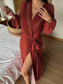 DAZY 女士波点条纹拼接印花浴袍 - 紅色 - 查看 2