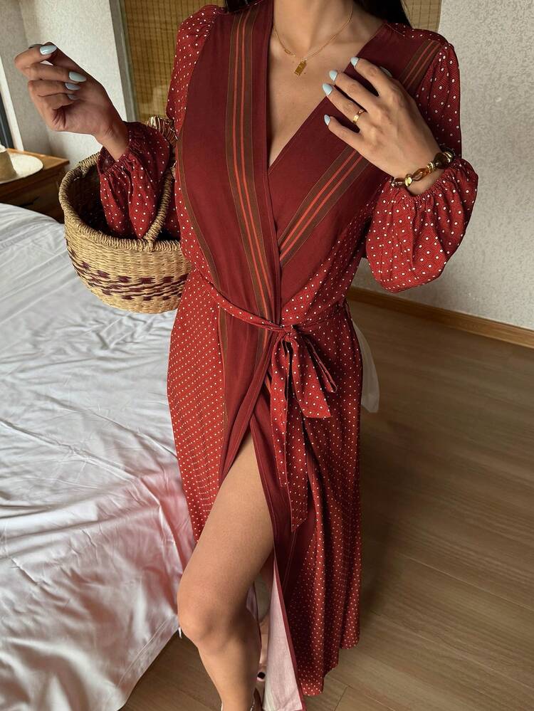 Women's Polka Dot & Striped Print Splice Bathrobe