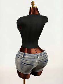 Mistrie Rhinestone Decor Round Neck Fitted Summer Fashionable Short Sleeve T-Shirt - Black - View 2