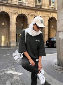 Solavon 2 Stücke/Set Damen Sommer Buchstaben Muster Oversized T-Shirt und Hose Lässig Outfit 2-teiliges Set - Schwarz - Übersicht 6