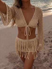 Swim Glamine Bộ áo khoác và chân váy tua rua dành cho nữ, thích hợp cho kỳ nghỉ. - Vàng - Xem 4