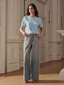 Anewsta Camiseta azul elegante de mujer con cuello redondo, manga corta y mariposa de diamante de imitación - Azul - Ver 6