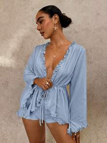 Glamine Blusa holgada con cintura fruncida y volantes para mujeres - Celeste - Ver 7