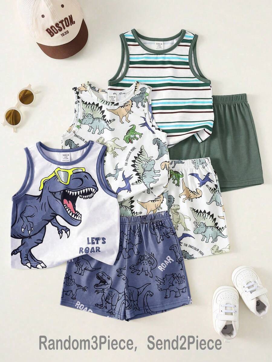 Baby Boy White Summer Casual Cute Beach Dinosaur Print Graffiti Handpainted Colorful Striped Sports Style Soft Comfortable Tank Top & Shorts Set - White - View 1