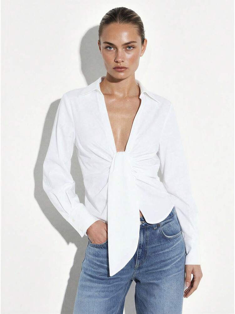 KSTM Women's White Long Sleeve Draped Button Front Collared Blouse Professional Office Wear Classic Shirt