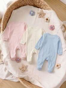 SHEIN [3 Pcs Acak, 1 Pcs Dikirim] Romper Bayi Baru Lahir Motif Kucing & Beruang Kartun, Kain Lembut & Nyaman, 3 Warna Pink, Beige, Biru Muda - MultiWarna - View 2