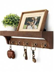 1 pieza Soporte de llaves de madera rústica montado en la pared, organizador de correo decorativo con ganchos de llave vintage, estante flotante para entrada, pasillo, decoración del hogar, apartamento, granja, montaje en pared, almacenamiento - Multicolor - Ver 9