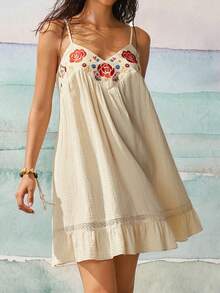 SoleilVie Women's Lace Patchwork Embroidered Decor Summer Spaghetti Strap Dress, Suitable For Daily Wear And Vacation - Apricot - View 4