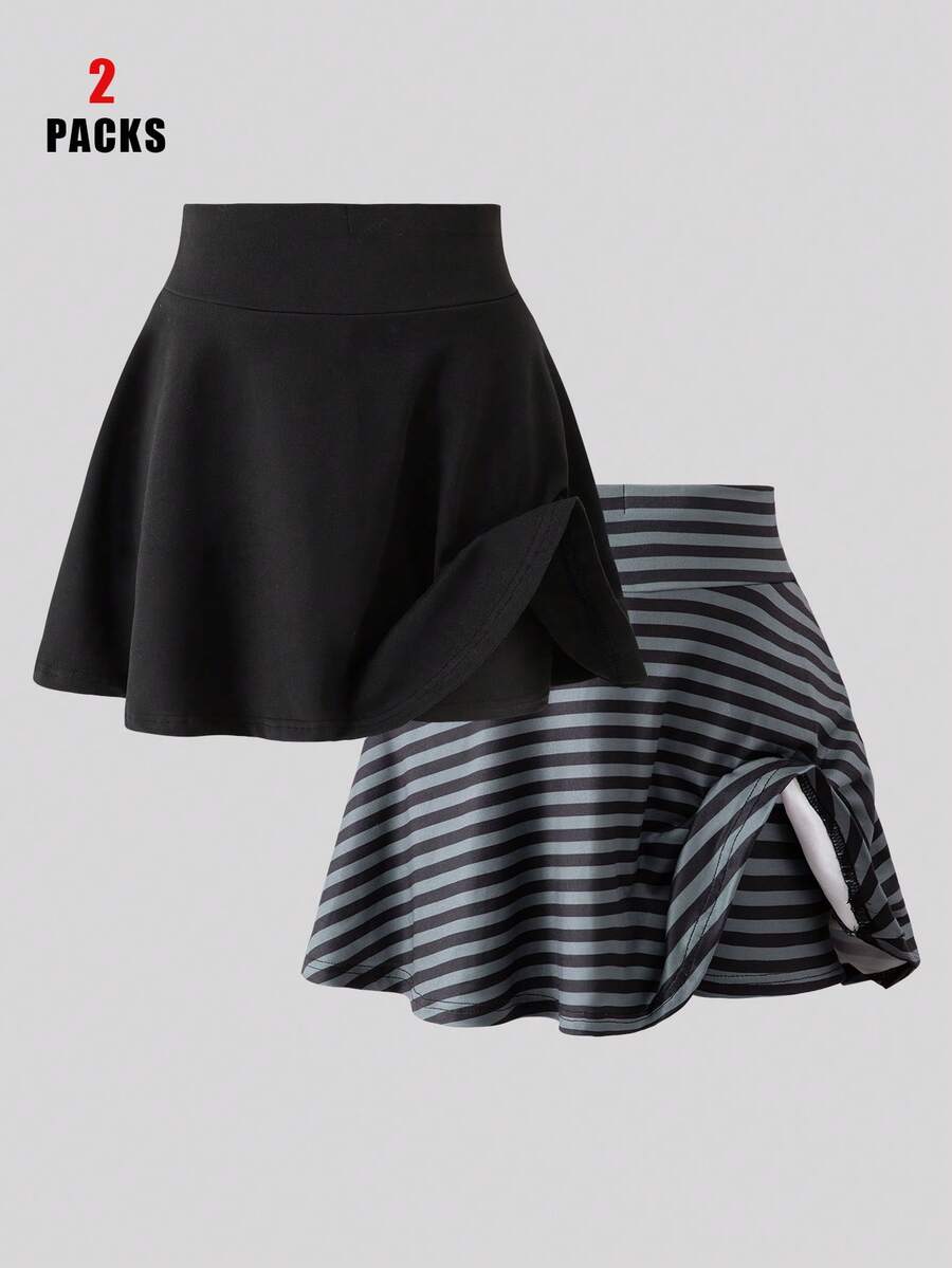 SHEIN 女童两件套:多色针织裙和打底裤。百搭高腰修身基础款套装,适合春夏休闲穿着、运动、健身、瑜伽、芭蕾舞、舞蹈和上学。 - 黑色 - 查看 1