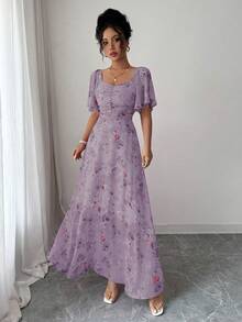 Modelyn 女款優雅雪紡蝴蝶印花蝙蝠袖百褶甜美法式風夏季洋裝 - Bold Plum - 查看 4