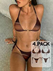 Aloruh Bộ bikini nữ, gợi cảm và thanh lịch với họa tiết da báo và nhuộm tie-dye màu nâu, áo bikini tam giác nhỏ buộc dây hai bên và quần bikini dây mảnh buộc dây hai bên, bộ bikini 4 món. - Nhiều màu - Xem 5