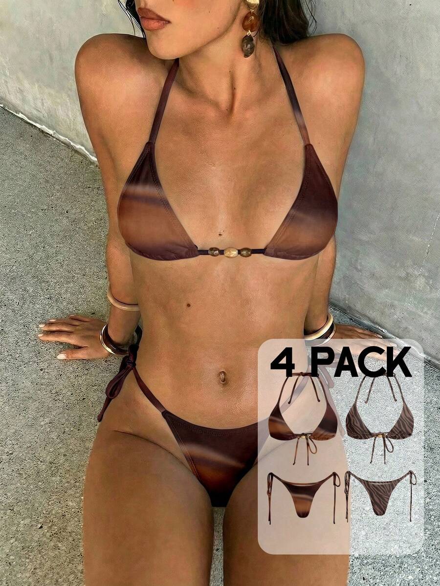Aloruh Bộ bikini nữ, gợi cảm và thanh lịch với họa tiết da báo và nhuộm tie-dye màu nâu, áo bikini tam giác nhỏ buộc dây hai bên và quần bikini dây mảnh buộc dây hai bên, bộ bikini 4 món. - Nhiều màu - Xem 1